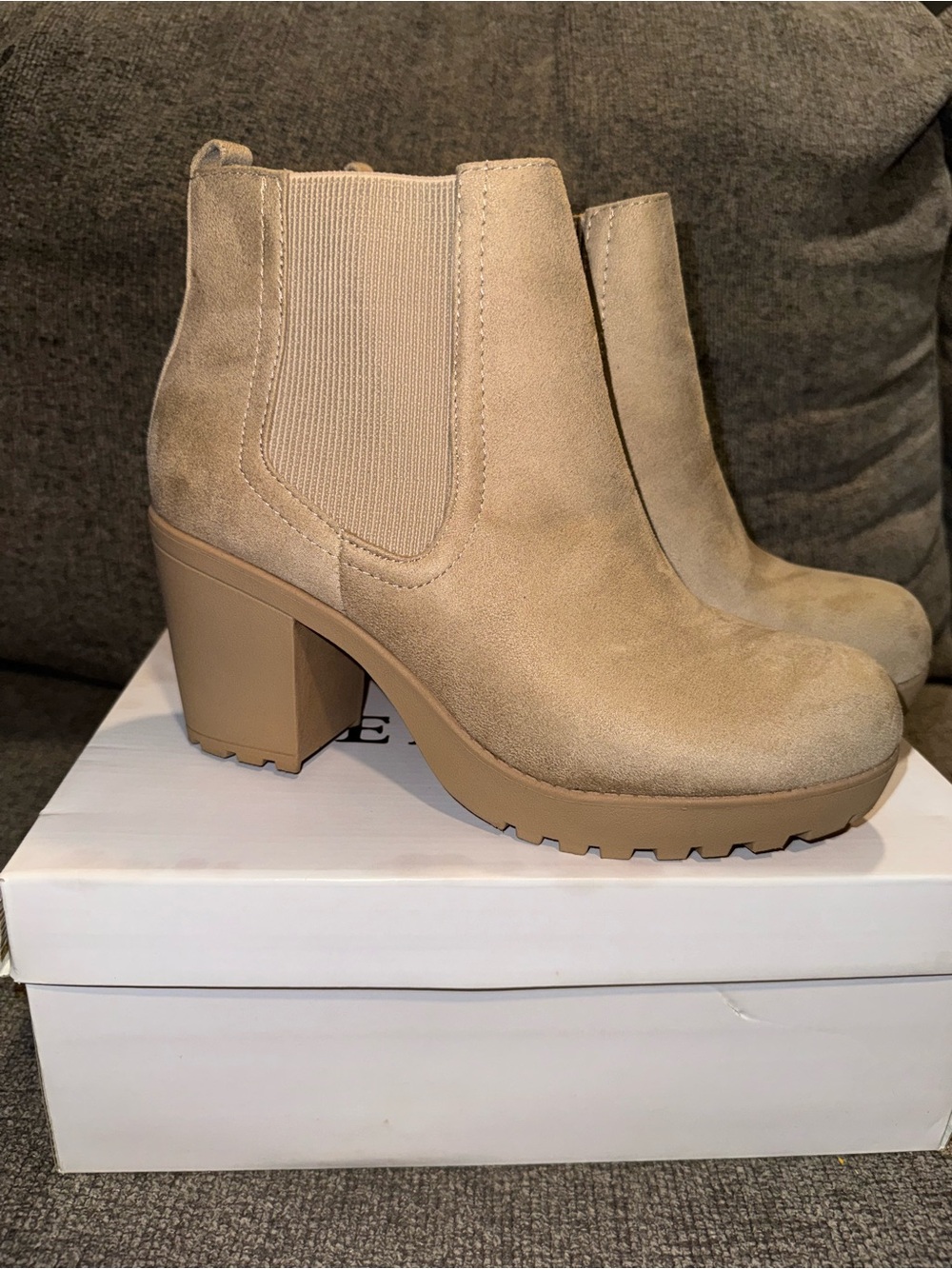 Versona Taupe Suede Block Heel Chelsea Booties